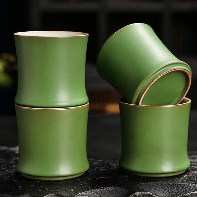 1 Pcs Bamboo Joint Tea Cup Handmade Stoneware Green Glaze Master Cup Rising Step by Step Ceramics Creativity Teahouse Cup
