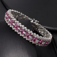 Ensemble de bijoux en laiton et zircon cubique 00174, 4 pièces, collier, boucles d'oreilles, bracelet, bague, ensemble de bijoux de mariage floral en CZ rose