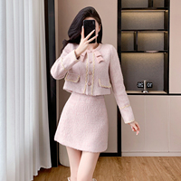 Ensemble 2 pièces élégant pour femme, veste courte à col rond et nœud décoratif, manches longues, et jupe midi, style tweed pour le bureau, automne-hiver