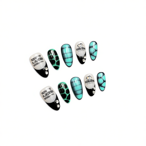 Uñas postizas de lujo con diseño elegante, acrílicas, forma ataúd, medianas, azules y blancas, con pegamento adhesivo, pre diseñadas para los dedos. - Product Image 1