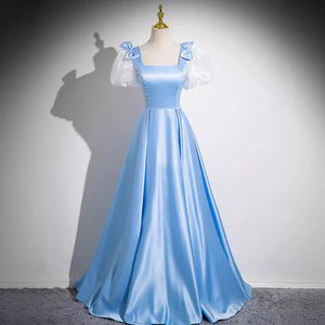 Blue Evening Gown Square Collar A-Line Satin Empire Waistline Formal Wear - Product Image 1