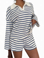 Ensemble deux pièces décontracté pour femme, tricot côtelé rayé, épaules tombantes, tenue d'automne très tendance