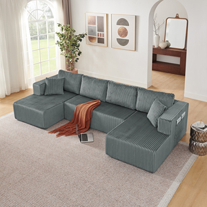 132'' U Shape Comfy Compressed Cloud Couch with Side Pockets Corduroy Memory Foam Sleeper <b>Sofa</b> for Living Room - Product Image 1