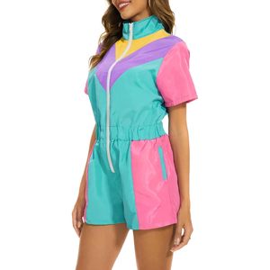 Combinaison coupe-vent une pièce color block pour femme, néon, manches courtes, fermeture éclair sur le devant, taille élastique, satin, séchage rapide, tenue de soirée - Product Image 3