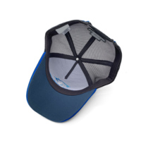 Casquettes de camionneur Sandwich Blue à 5 panneaux, profil haut, en maille rayée, avec logo brodé 3D personnalisé