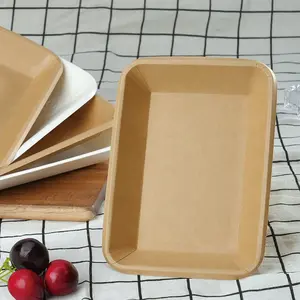 Bote Rectangular Desechable de Calidad Alimentaria para Comida Rápida, Bandejas de Papel Kraft Personalizadas