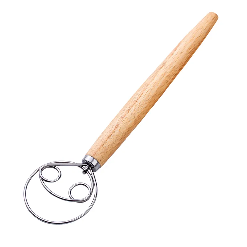 Cheap Price 13 Inch Eco-Friendly Bread Danish Dough Whisk Stainless Steel Powder Beater With Wooden Handle