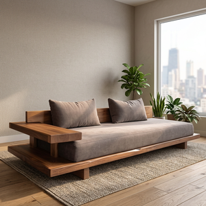 Luxurious Minimalist Platform <b>Sofa</b> Set Featuring Integrated Solid Teak Side Table - Product Image 3
