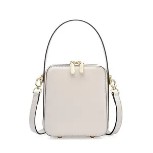 Groothandel Mini Echt Lederen Doos Crossbody Dubbele Rits Opening Handtas Witte Mode Vierkante Draagtas Voor Vrouwen