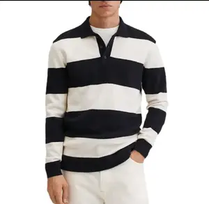 OEM Custom Sublimation Printed Mens Sweatshirt Long Sleeve 3 button polo neckline Pullover Black and White Striped Lapel Polo Sh