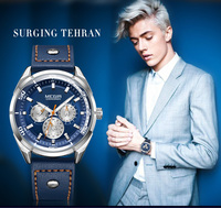 Montre de luxe à quartz pour homme avec cadran à aiguilles, sous-cadrans 24h, accents orange, boîtier argenté, bracelet en cuir, étanche, sport