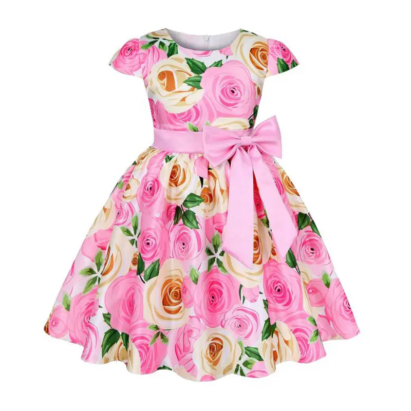 Vestidos de baile estampados florais, roupas de festa de comando para meninas, traje elegante para crianças, vestido de princesa