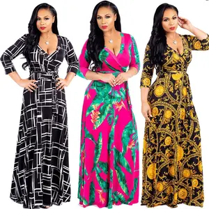 womens fall clothing 2021New Arrival Floral V Neck 3/4 Sleeve Long Sleeves Plus Size Dresses Maxi Dress S-5XL factory price