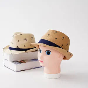 2023 all'ingrosso bambini cappelli di paglia da sole stampa carta paglia sole estate spiaggia Fedora cappello di paglia trilby cappelli per uomo