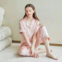 Ensemble de pyjama en soie 100% pour femmes, élégant, luxueux, décontracté, à manches courtes, en satin, taille élastique, pour l'été, l'automne et le printemps