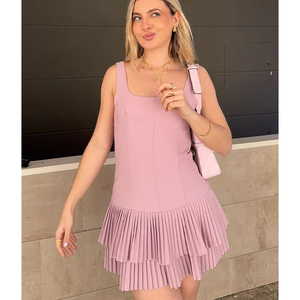 Chic haute rue mince robe courte femme été robe plissée femmes mode col carré sans manches solide Mini robe - Product Image 5