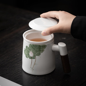 Ceramic Mug With Lid Hand Painted Lotus Design <b>Large</b> Capacity <b>Tea</b> <b>Cup</b> For Daily Use - Product Image 1