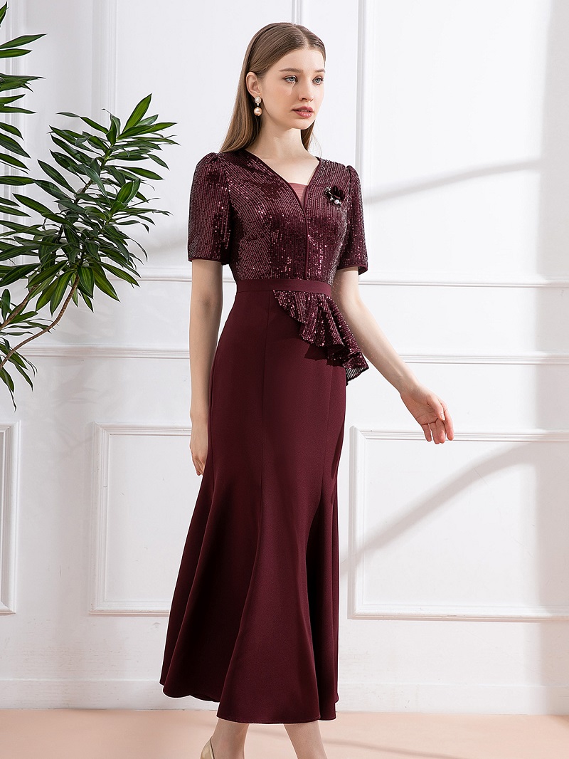 4XL 3XL Party Elegant Dress 2024 Autumn Women V-Neck Sequined Embroidery  Patchwork Short Sleeve Midi Dress Bride Mother Wear| Alibaba.com