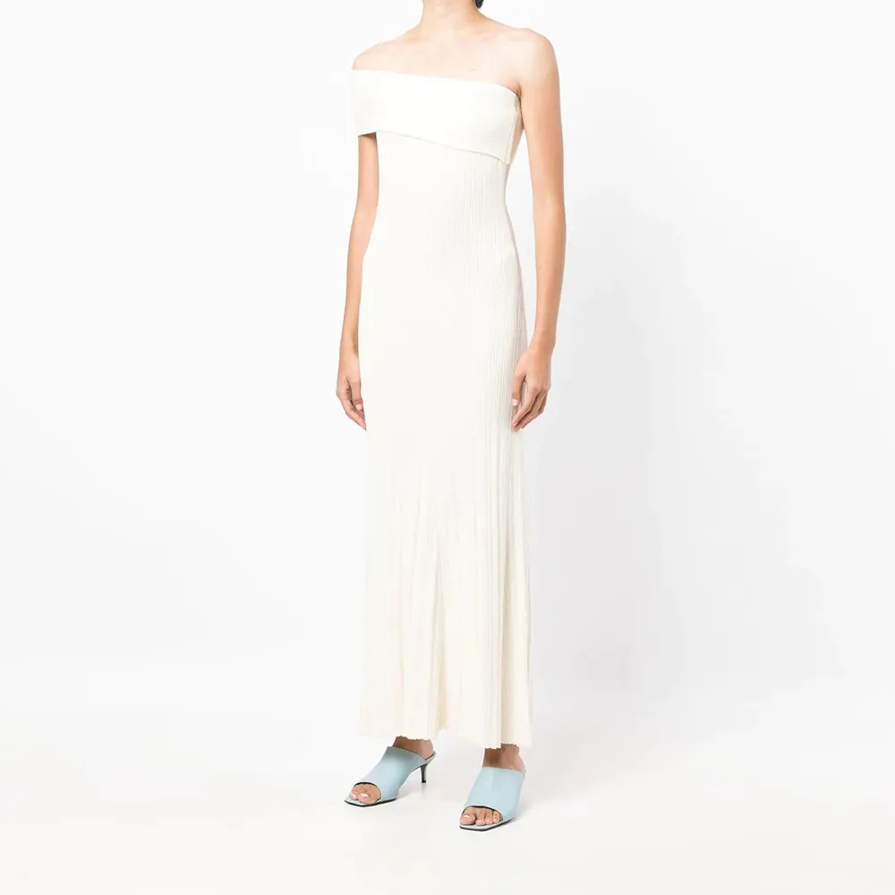 Guoou knitwear cotton white off-shoulder sleeveless long length white plain knit dress for women