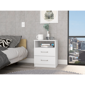 DB DEPOT Salento Mesita de noche superior blanca Lujo moderno de mediados de siglo Minimalista Dos cajones Un estante Apartamento MDF - Product Image 1