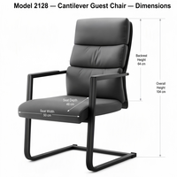 Chaise d'invité cantilever à cadre noir mat, dossier triple segment en cuir PU gris, base en traîneau, pour salle de réunion 2128