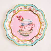 Décoration de la fête du thé de l'après-midi Vaisselle florale Assiette en papier jetable Tasse Serviette Théière Bannière Fournitures