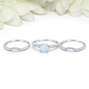 Ensemble de trois pièces vintage Art Déco en argent sterling 925 massif avec opale blanche ronde, ensemble de mariage, fiançailles, alliance, trio, bague de promesse - Product Image 6