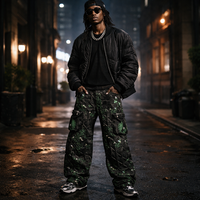 Pantalones Cargo de Mezclilla Negros para Hombre DiZNEW, Bordado Floral Verde, Pierna Ancha, Estilo Urbano, Múltiples Bolsillos con Cremallera, Personalizados OEM ODM