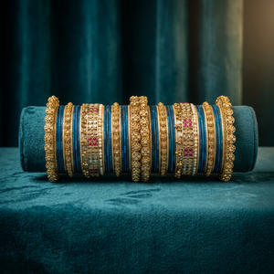Indian Traditional Royal Blue Silk Thread Velvet Bangle Set Gold Plated Antique Kundan Bridal Chooda Bangle Set for Women - Product Image 2