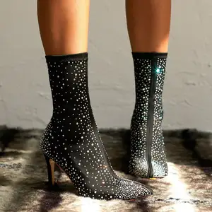 Csb118 botas de camurça para tornozelo, com cristais, couro, com zíper, botas de salto alto para mulheres