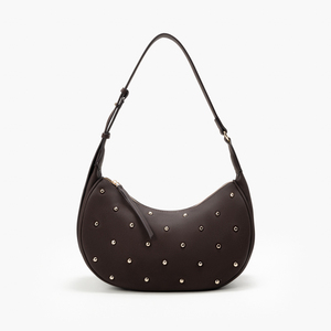 Bolso de Hombro Estilo Hobo Marrón con Tachuelas, Bolso Tipo Satchel de Media Luna con Cierre, para Uso Diario, Viajes y Compras - Product Image 2