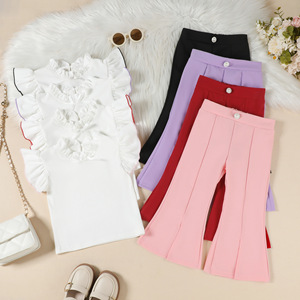 Tenues d'été pour filles de 90 à 130 cm, t-shirt à manches volantées, couleur unie, pantalon évasé à fente, ensemble deux pièces, vêtements en gros pour enfants - Product Image 2