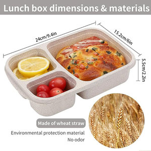 Lonchera de tres compartimentos, lonchera Bento de paja de trigo con tapa para trabajadores de oficina y estudiantes, rectangular, color sólido, rosa, beige - Product Image 2