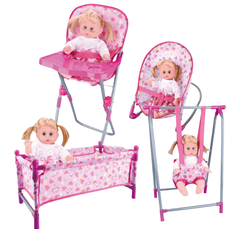 Juego de Muñecas para Niños 4 en 1 con Columpio, Corralito, Cama para Muñecas, Silla Mecedora y Silla de Comedor Juego de Muñecas para Niños 4 en 1 con Columpio, Corralito, Cama para Muñecas, Silla Mecedora y Silla de Comedor
