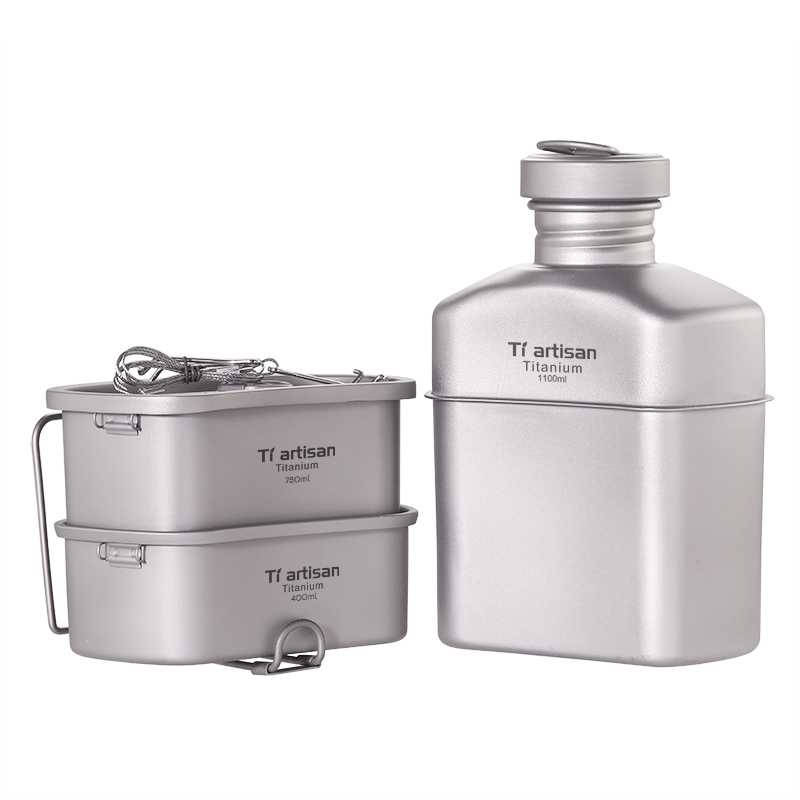Titanium Water Bottle Cup Pot Canteen Mess Kit Set Outdoor Camping Cookware