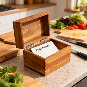 Scatola di ricette di legno in legno con scatola di ricette di legno con carta di ricetta di Acacia - Product Image 4