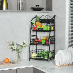 Multilayer Kitchen Accessories Freestanding Adjustable Feet 3 Tier Black Wire Metal Fruit Basket With Stand For Store