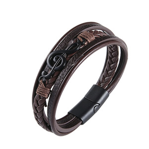 Leather Multi Layer Bracelet With Music Note Design <b>Magnetic</b> <b>Clasp</b> For Men Gift Jewelry 7.5in 8.5in 9in - Product Image 3