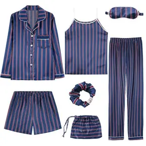 Damen 7 Stück Sets Pyjamas Seiden emulation Gestreifte Pyjamas Damen Nachtwäsche Sets Frühling Sommer Herbst Homewear