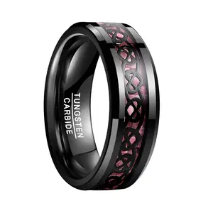 Alin 8MM IP Black Plating Inlaid Pink Heart Carbon Fiber Men's Tungsten Carbide Steel Ring Christmas Gift