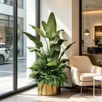 Arrangement de plantes tropicales artificielles de luxe haut de gamme, plantes artificielles de bananier, herbe et fougère mélangées, plantes en pot dans un pot en métal