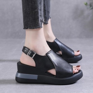 Sandales compensées à semelle épaisse pour femme, grandes tailles 35-42, nouveau style été 2024, à talon haut, bout ouvert, avec boucle, rehaussantes - Product Image 2
