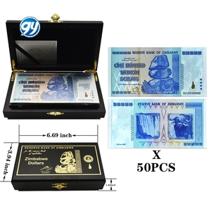 50 banconote <span class=keywords><strong>da</strong></span> cento trilioni di dollari dello Zimbabwe in plastica placcata oro con scatola in legno - Product Image 2