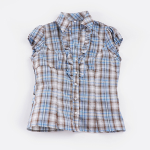 Camisa a cuadros con cuello en V y volantes estilo Sweet Fresh – Linda blusa a cuadros para mujer - Product Image 2