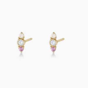 Three Stone White Opal High Quality Pink Sapphire CZ 925 Sterling Silver Fashion Stud Earrings for Girl Jewelry