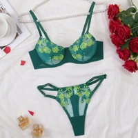Ensemble soutien-gorge et culotte à jarretelles pour femme, de haute qualité, vert, en dentelle exotique tissée, à maintien ferme, avec broderie florale, pour la Saint-Valentin