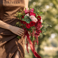 Buket Pernikahan Merah Anggur Dallisten, Buket Pengantin Buatan untuk Pengantin Wanita, Dekorasi Pernikahan Romantis, Bunga Pernikahan Grosir Kustom