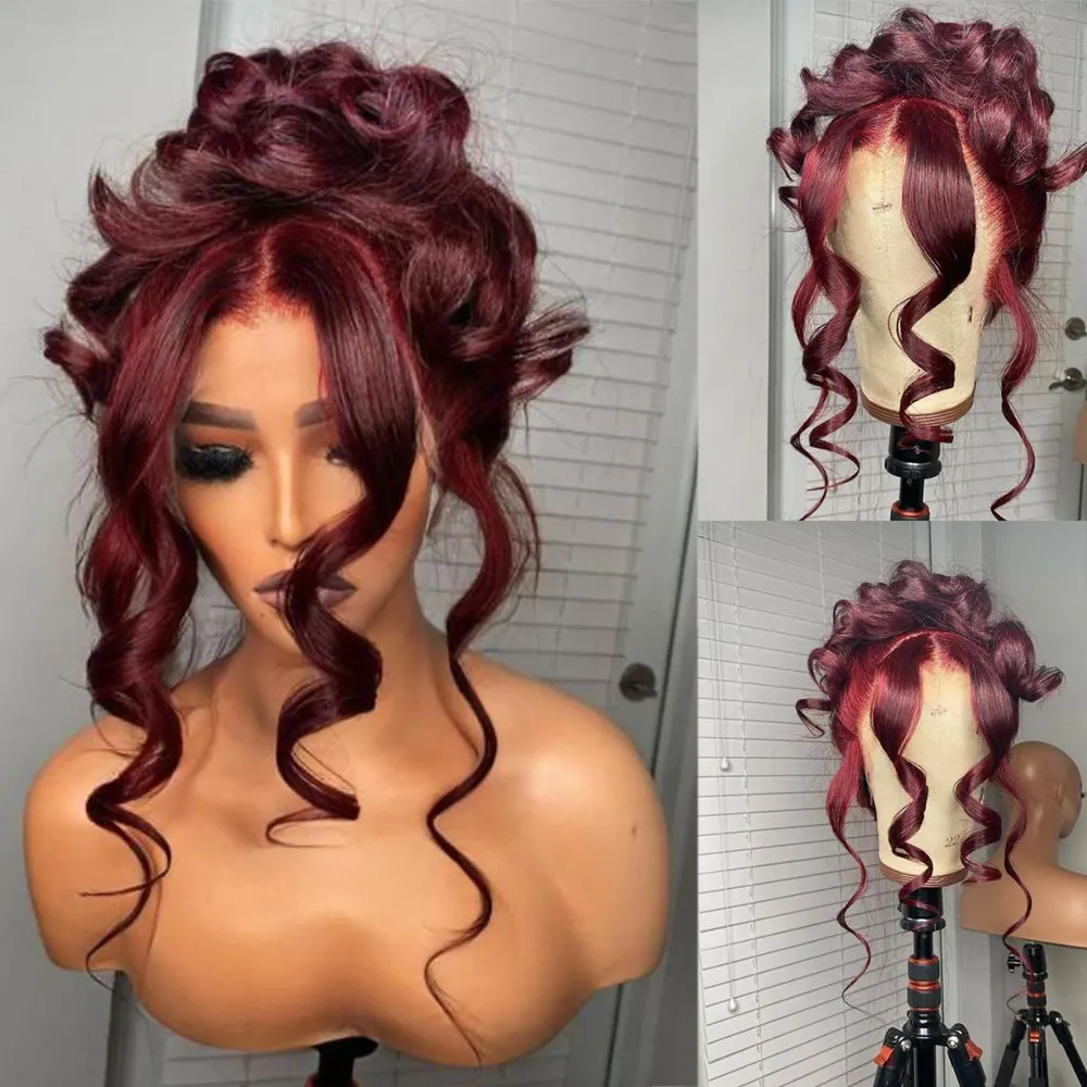 Perucas frontais de renda borgonha, cabelo virgem 99j para mulheres negras, alinhado, cutícula 13x4 13x6 hd, transparente frontal, cabelo humano