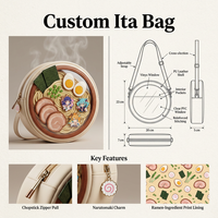 Bolso redondo único de cuero PU premium estilo Ita Bag, con diseño de tazón de ramen japonés Kawaii, adorno de cremallera con palillos y pin estético para exhibición.
