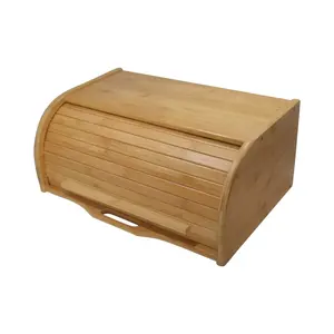 Kotak penyimpanan roti kayu dengan kemasan kotak roti atas rol. Kotak roti untuk meja dapur